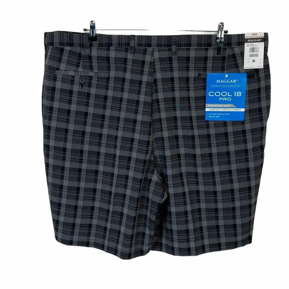 Haggar Chino Shorts Men's Black Cool 18 Pro Pinstripe Plaid Flat Front Sz 48 W